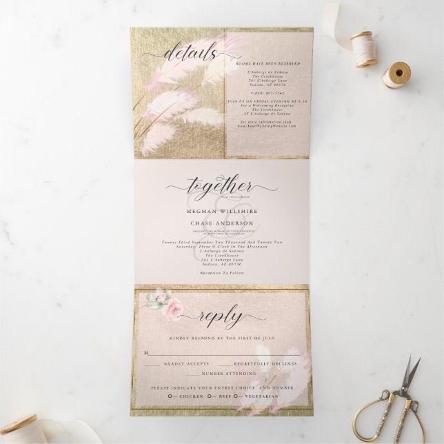 Invitation Trois Volets Pampas Rose en or (Intérieur)