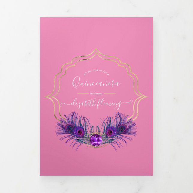 Invitation Trois Volets Paon Quinceañera rose et or (Page de couverture)