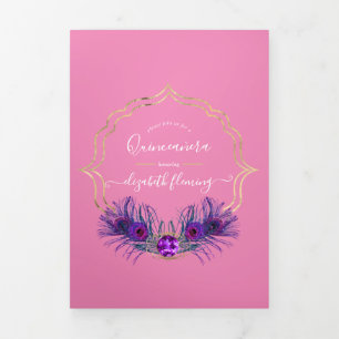 Invitation Trois Volets Paon rose et or Quinceañera
