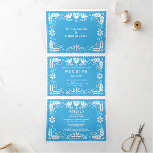 Invitation Trois Volets Pape bleu clair picado inséparables mariage