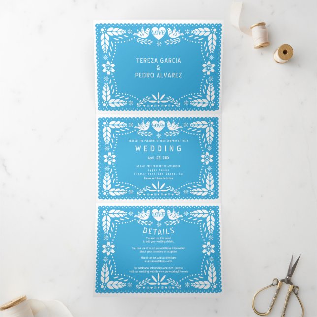 Invitation Trois Volets Pape bleu clair picado inséparables mariage (Intérieur)