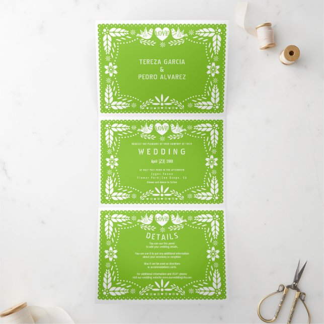 Invitation Trois Volets Pape vert picado inséparables mariage (Intérieur)