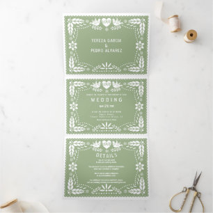 Invitation Trois Volets Pape vert Sage picado inséparables mariage