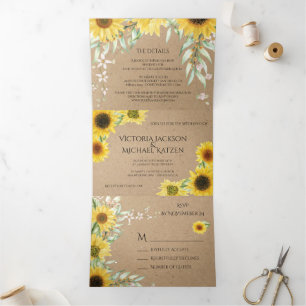 Invitation Trois Volets Papier Kraft Mariage Tournesol Campagnard Rustique