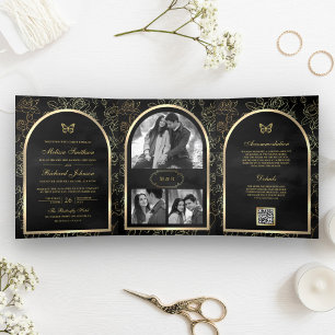 Invitation Trois Volets Papillon de mariage à l'arche dorée en ligne noire