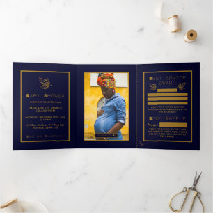 Invitation Trois Volets Papillon d'or, Suite Baby shower bleu marine