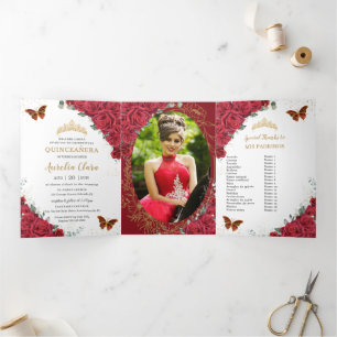 Invitation Trois Volets Papillons rouges Floral or Quinceañera 15 Photos