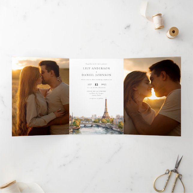Invitation Trois Volets Paris France Code QR 3 Photo Mariage (Intérieur)