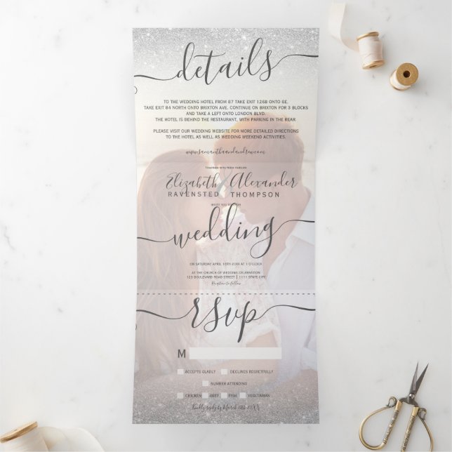Invitation Trois Volets Parties scintillant argent ombre blanc script phot (Intérieur)