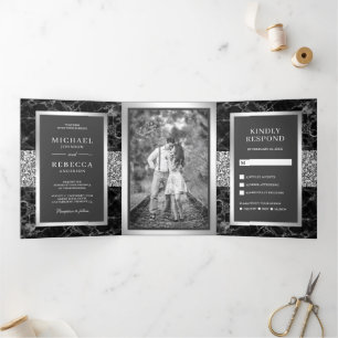 Invitation Trois Volets Parties scintillant d'argent en marbre noir Mariag