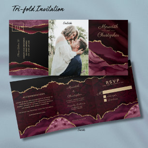 Invitation Trois Volets Parties scintillant d'or Bourgogne Agate Mariage G