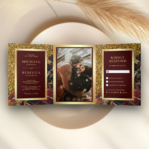 Invitation Trois Volets Parties scintillant d'or Bourgogne Marbre rouge Ma
