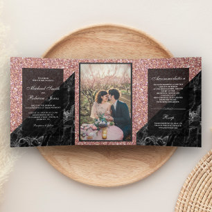 Invitation Trois Volets Parties scintillant d'or de Faux Rose Marbre noir 