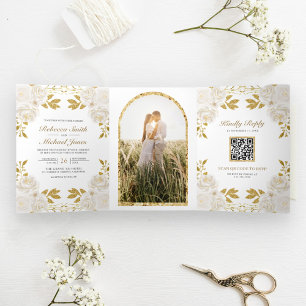 Invitation Trois Volets Parties scintillant d'or floral ivoire rustique Ma