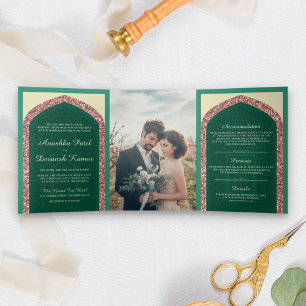 Invitation Trois Volets Parties scintillant d'or Rose vert Mint Mariage in