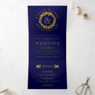 Invitation Trois Volets parties scintillant d'or vintage rose couronne ble