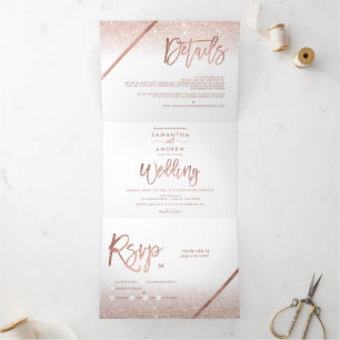Invitation Trois Volets parties scintillant or rose ombre typographie blan