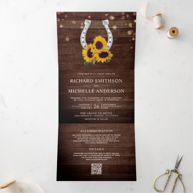 Invitation Trois Volets Pays Fleur de Tournesol Fer à Cheval Code QR Maria (Intérieur)