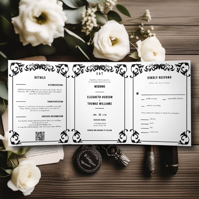 Invitation Trois Volets Pays Ouest Noir Blanc Forceau Tripli Mariage (country western black and white wedding invitation all in one formal elegant modern cowgirl frame)