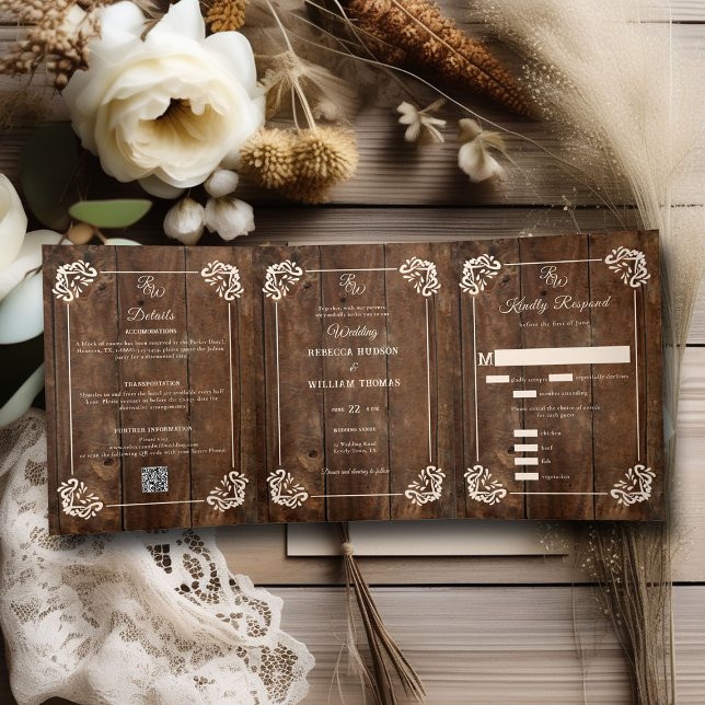 Invitation Trois Volets Pays Ouest Rustique Bois Formel Tripli Mariage (country western rustic wood board wedding invitation all in one formal elegant modern cowgirl ranch )