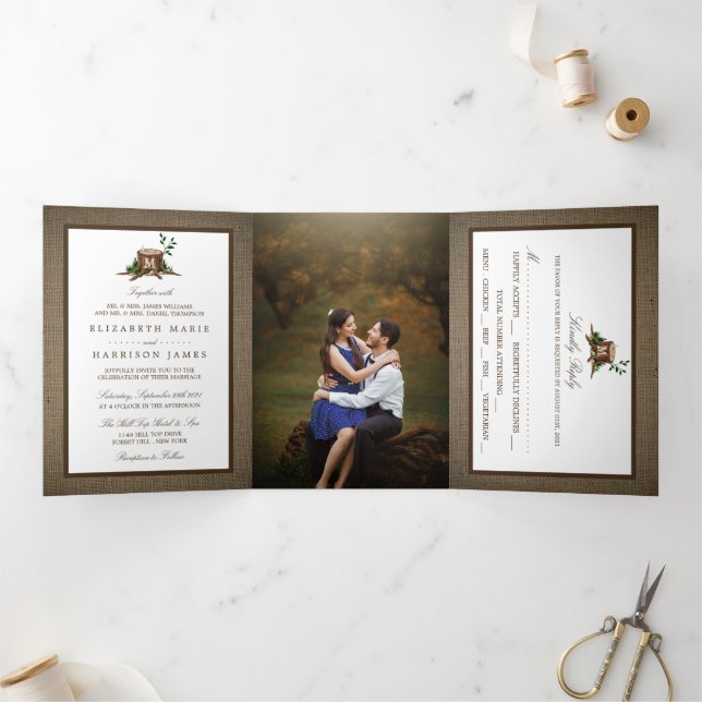 Invitation Trois Volets Pays Russe Monogramme Arbre et Mariage de Burlap (Intérieur)