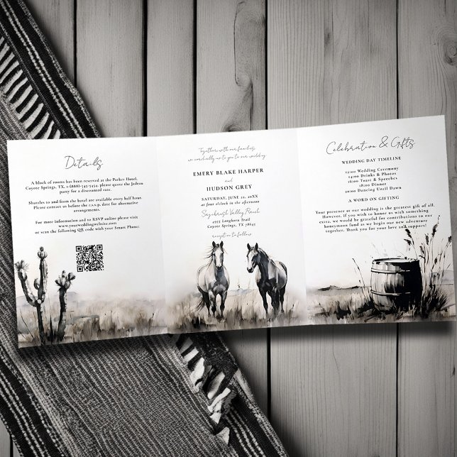Invitation Trois Volets Pays Western Cowboy Art Sketch All One Mariage (country western wedding invitation tri fold all in one art sketch black white modern formal classic)