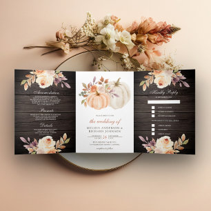 Invitation Trois Volets Pêche Dusty Floral Citrouille Grange Mariage en bo