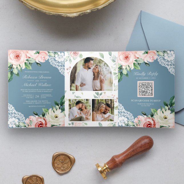 Invitation Trois Volets Pêche Floral Dentelle Bleu Poussiéreux Code QR Mar (Créateur téléchargé)