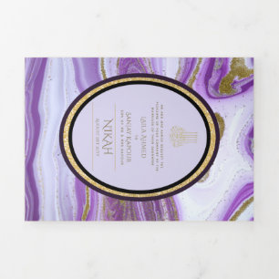Invitation Trois Volets Pg NIKAH WALIMA Marbre d'or violet Parties scintil