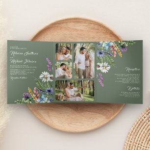 Invitation Trois Volets Photo de fleurs sauvages tout-en-un mariage vert s