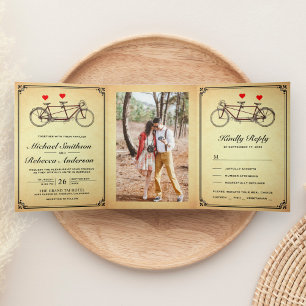 Invitation Trois Volets Photo de mariage à vélo tandem rustique vintage mi