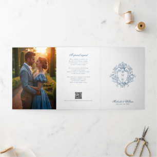 Invitation Trois Volets Photo de mariage au blason monogramme Régence vint