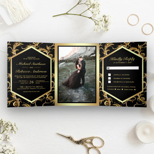 Invitation Trois Volets Photo de mariage avec fioritures noires et dorées