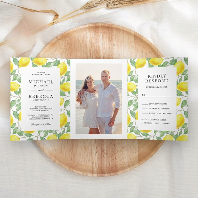 Invitation Trois Volets Photo de mariage avec verdure de verger de citron  (Créateur téléchargé)