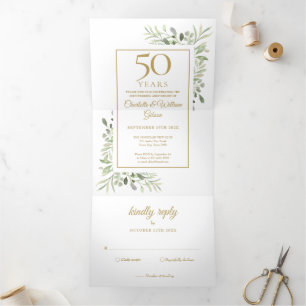 Invitation Trois Volets Photo de mariage de 50 ans avec feuillage vert
