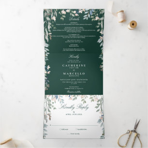 Invitation Trois Volets Photo de mariage de fleurs sauvages vert émeraude
