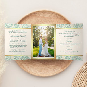 Invitation Trois Volets Photo de mariage de style indien Paisley sarcelle