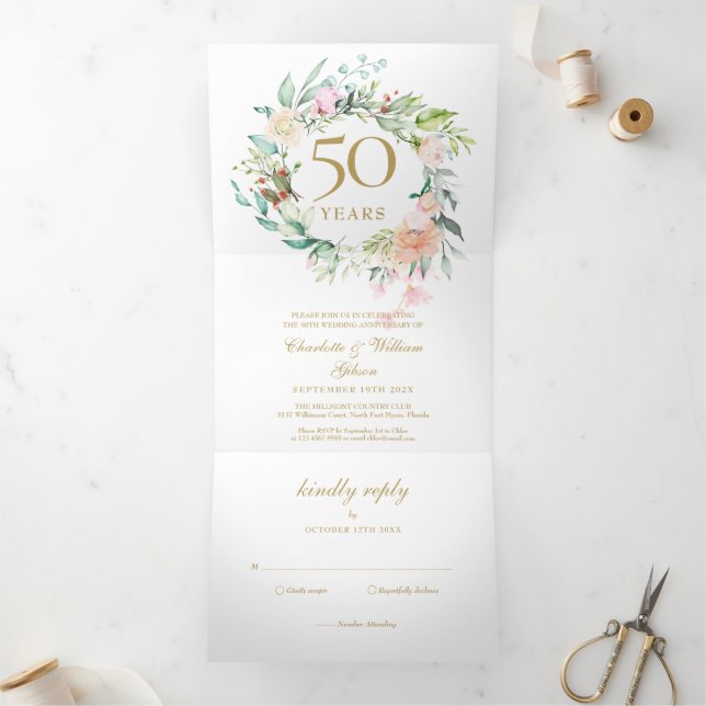 Invitation Trois Volets Photo de mariage du 50e anniversaire floral de ros (Intérieur)