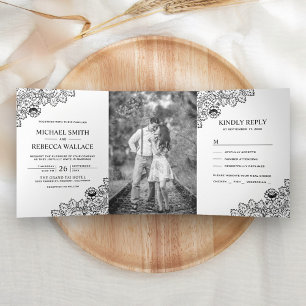 Invitation Trois Volets Photo de Mariage en dentelle blanche et noire