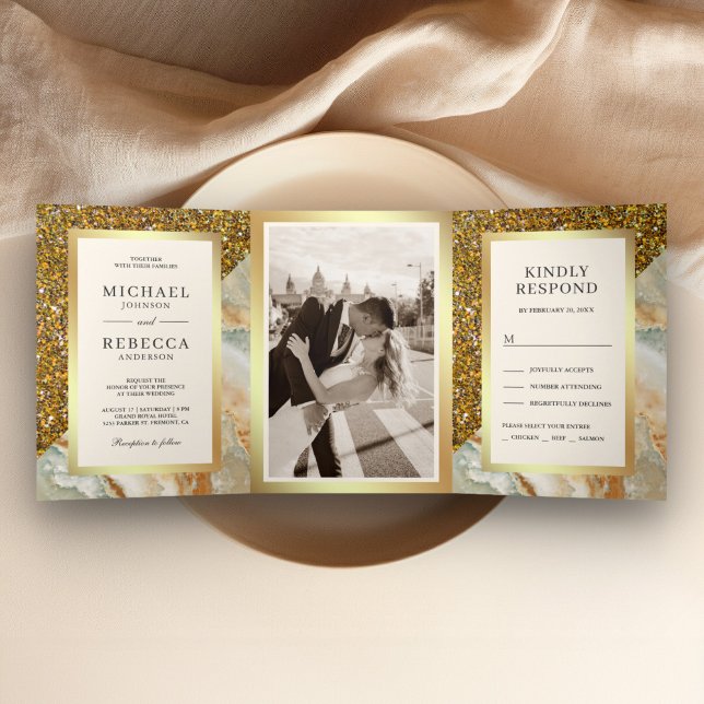 Invitation Trois Volets Photo de mariage en marbre marron pailleté or (Créateur téléchargé)