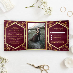Invitation Trois Volets Photo de mariage en spirale dorée et bordeaux