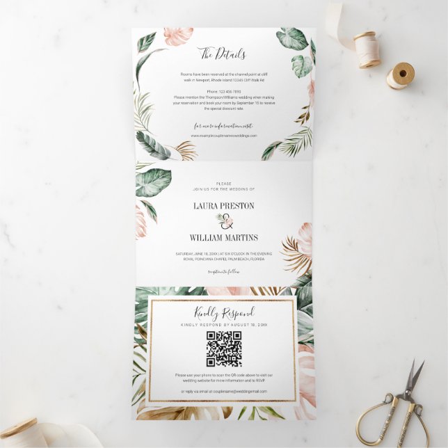 Invitation Trois Volets Photo de Mariage Feuille tropical avec RSVP QR Cod (Intérieur)