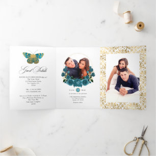 Invitation Trois Volets Photo de mariage floral vintage turquoise et or