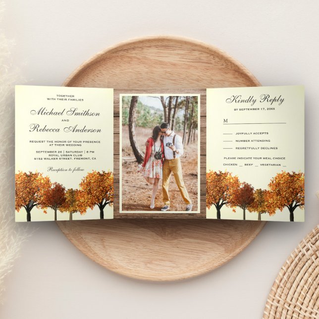 Invitation Trois Volets Photo de mariage forestier automnal rustique (Créateur téléchargé)