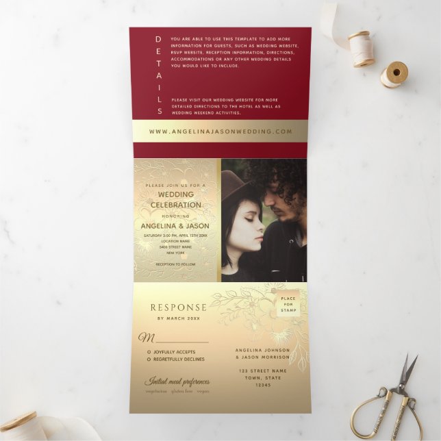 Invitation Trois Volets Photo de mariage rouge moderne (Intérieur)