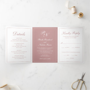 Invitation Trois Volets Photo de monogramme élégant rose poudré Mariage Fo