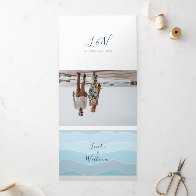 Invitation Trois Volets Photo de plage mariage bleu (Extérieur)
