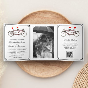 Invitation Trois Volets Photo de vélo tandem mignon Code QR Mariage