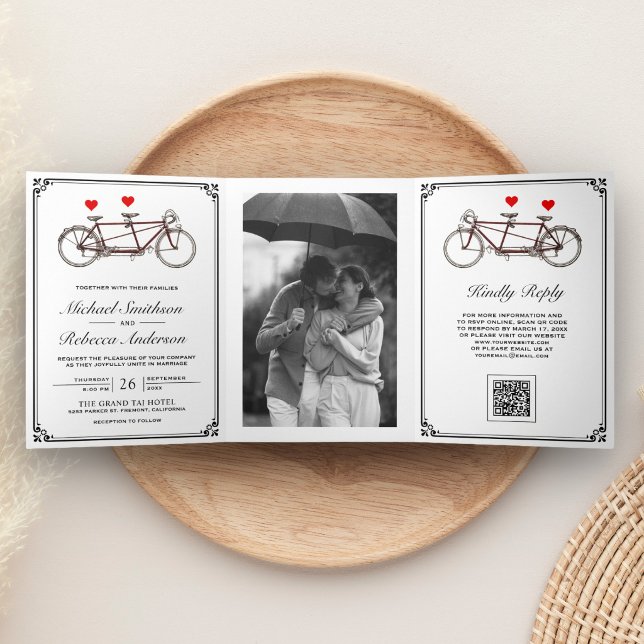 Invitation Trois Volets Photo de vélo tandem mignon Code QR Mariage (Créateur téléchargé)