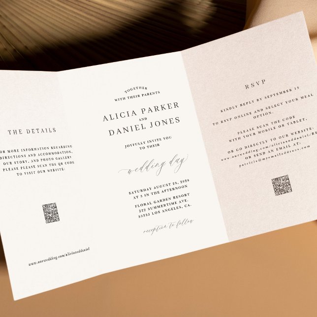 Invitation Trois Volets Photo éditorial minimal propre moderne QR mariage (Créateur téléchargé)